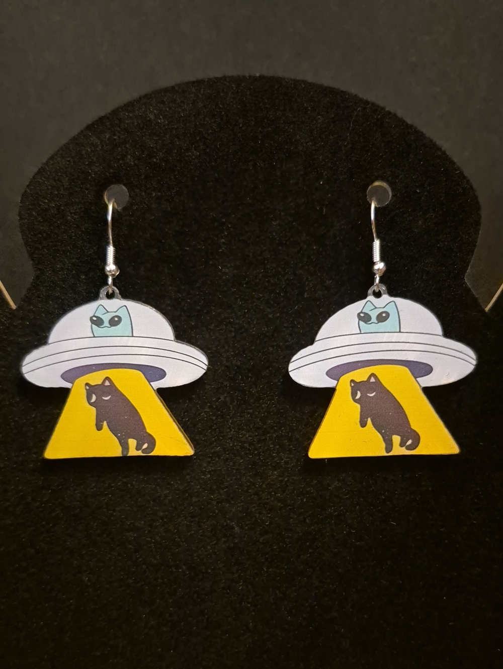 Handcrafted Kitschy Alien Cat UFO Abduction Dangle Earrings - Yellow & White